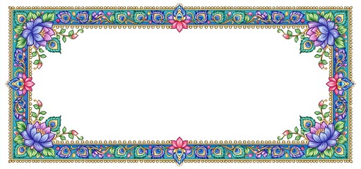 Naklejka premium Ornate gold and teal frame featuring peacock feathers and lotus flowers for elegant Hindu festival invitations.