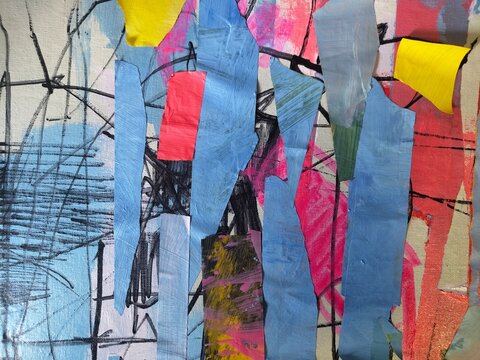 Title: Blue and Pink Abstract Collage with Yellow Detail
