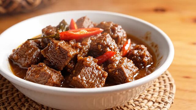 Spicy beef rendang in white ceramic bowl.