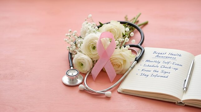 Pink Ribbon Breast Cancer Awareness Medical Background with Stethoscope