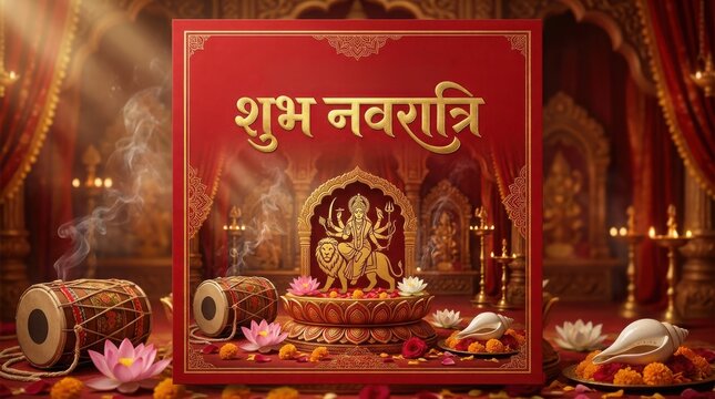 Navratri festival banner featuring goddess durga on lion with traditional dhak drum and sacred conch shell golden elements.