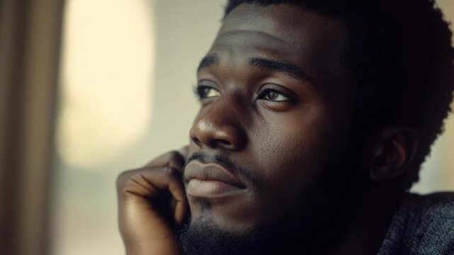 Thoughtful young Black man in a contemplative pose looking upwards