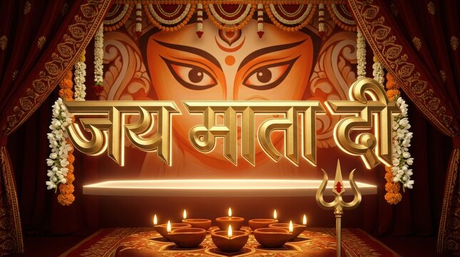 Jay mata di celebration graphic with golden goddess face and oil lamps for religious navratri or durga puja event decor.