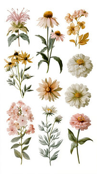 A collection of nine different flowers each with its own unique color and shape arranged in a grid pattern against a white background