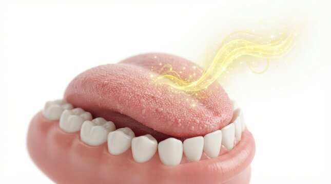 Close-up of a Realistic Tongue and Teeth with Flavor Wave Representing Taste Sensation and Culinary Experience