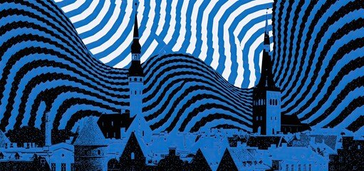 Naklejka premium Tallinn skyline silhouettes in blue and black geometric patterns celebrate Estonian Independence Day with a modern patriotic design.