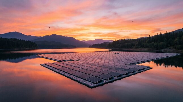 Floating solar panels on a calm lake at sunset with mountains in the background