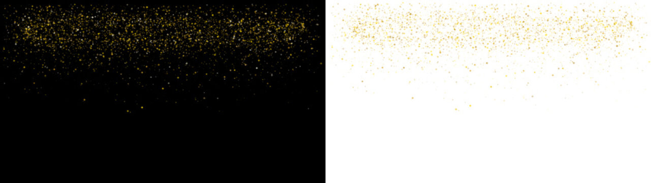 Golden glitter top border, shimmering sparkle shower falling from above with stars vectors