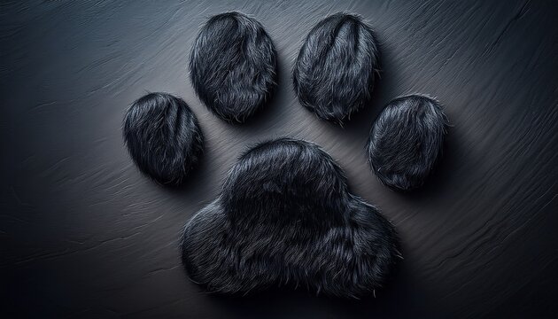 a fuzzy black paw print with textured details on a dark background