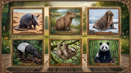 Naklejka premium Educational Framed Mammals Set Armadillo Capybara Walrus Tapir Sloth Panda