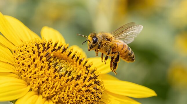 Close-up of Honey Bee Pollinating Vibrant Sunflower on Sunny Day in Nature