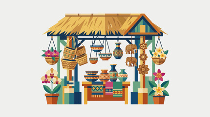 Naklejka premium Tropical Market Stall with Crafts and Flowers
