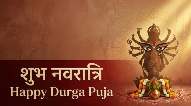 Happy durga puja festival with goddess durga silhouette, lotus, kalash, marigold garland on brown background.