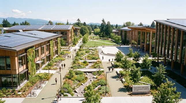 Modern sustainable campus architecture with solar panels, green walls, and landscaped courtyard with a stream in british columbia