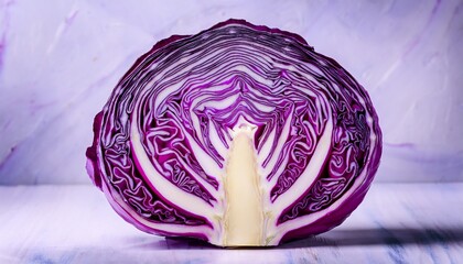 Fototapeta premium vibrant purple cabbage cut in half revealing layered texture and pale core