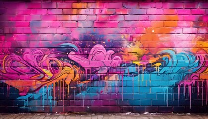Naklejka premium colorful graffiti with pink tones on a weathered brick wall urban street art vibrant abstract spray paint artistic