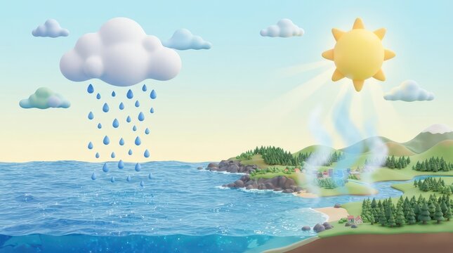 Raining Clouds Over Coastal Landscape with Sun and Evaporation Effects in a Colorful Cartoon Style
