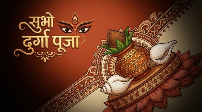 Subho durga puja digital design with traditional kalash coconut and decorative mandala background for hindu event greetings.