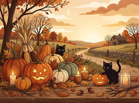 Autumn harvest scene with pumpkins black cats and glowing candles in a rural landscape