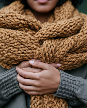 Close-up of hands wrapped in a warm knitted scarf