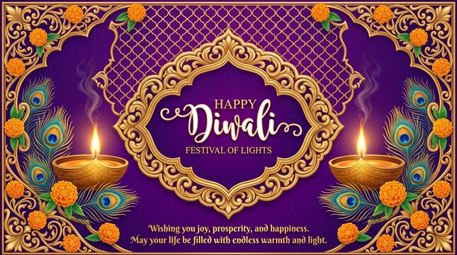 Happy diwali festival of lights greeting card with traditional diya lamps and peacock feathers
