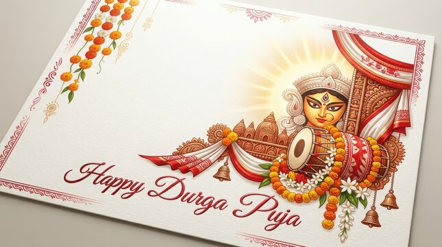Happy durga puja card layout featuring goddess face traditional drum dhol marigold flowers and ethnic fabric patterns.