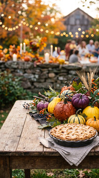 Rustic table with pie and pumpkins, symbolizing autumn harvest and gathering, festive outdoor scene with string lights