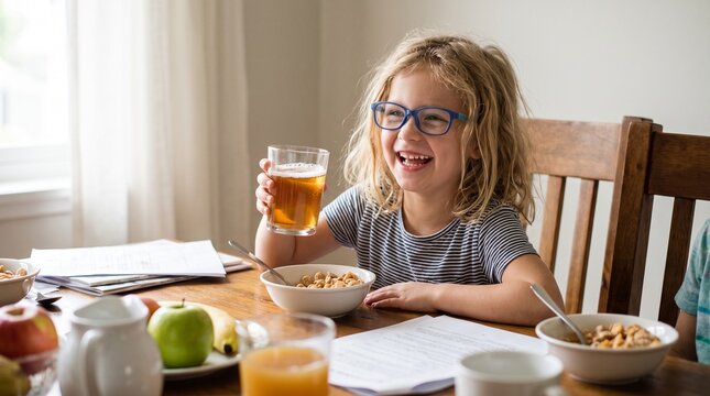 Middle-aged woman enjoying breakfast with fresh orange juice and healthy food at home