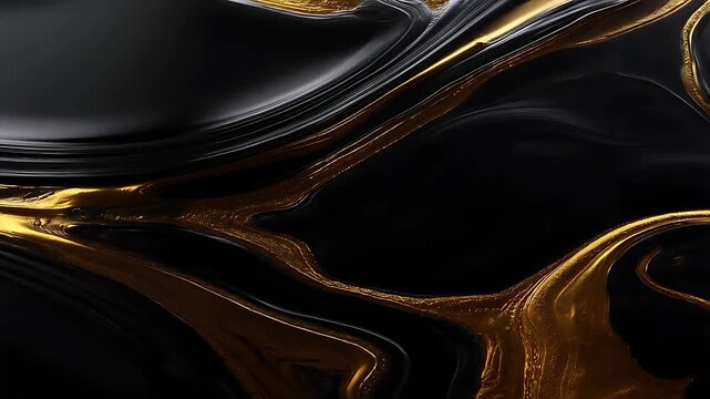 Liquid Abstract Rendering with Flowing Gold and Black Patterns, Slowly Morphing and Swirling in a Seamless Loop.