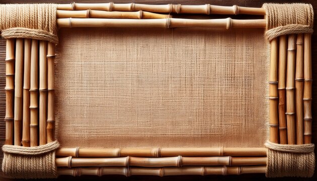 bamboo frame with burlap canvas and ropes blank and empty background for home decor or craft design natural texture of wooden plant sticks and bamboo border adds a touch of rustic or jungle style