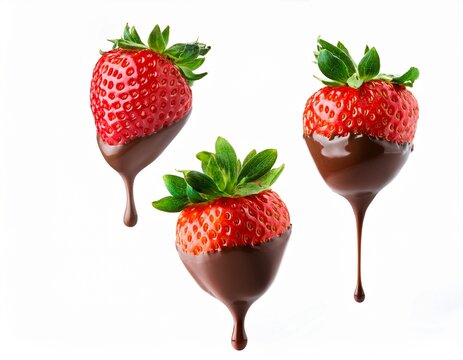floating strawberries dipped in chocolate isolated on white background