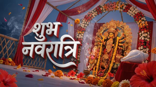 Happy navratri greeting design with goddess durga idol under decorative flower archway and traditional festive ornaments.