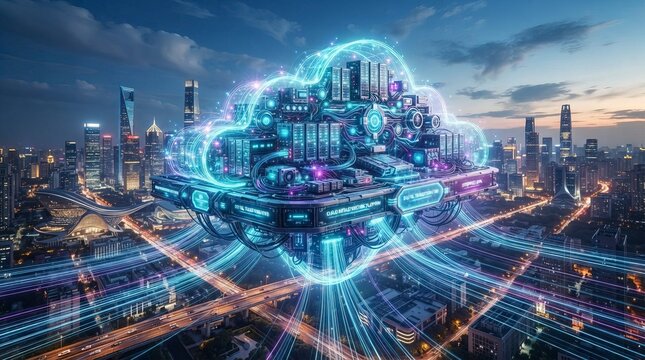 Futuristic Cloud Computing Concept with High Tech Data Center Floating Over a Smart City Skyline at Night