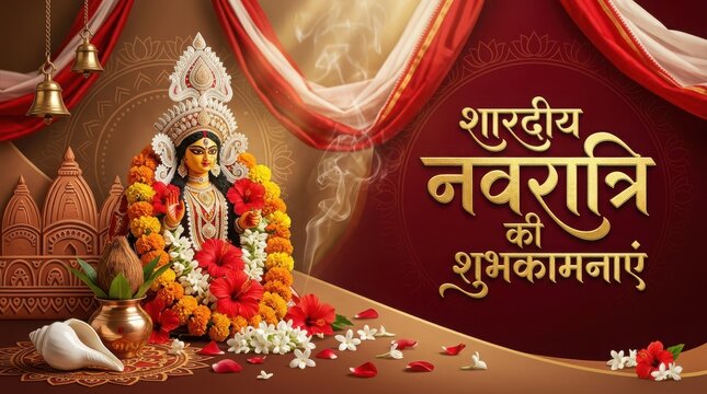 Sharadiya navratri festive background with goddess durga idol decorated with marigold flowers and golden temple elements.