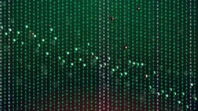 Digital binary code rain falling on a dark green background for technology and data concepts