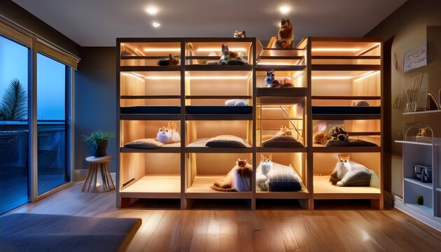 modern luxury cat condo with led lighting and multiple levels