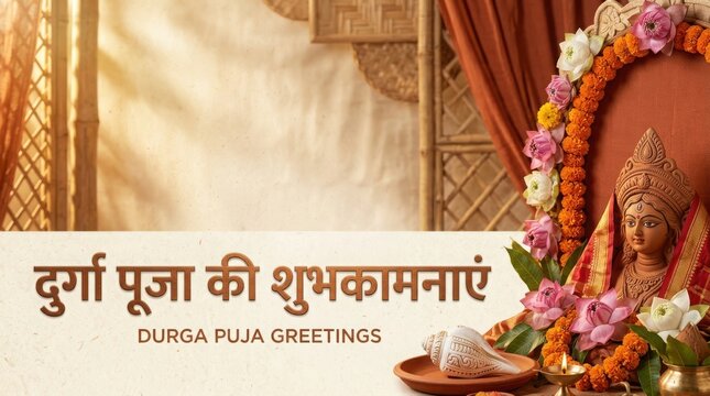 Durga puja greetings written in Hindi and English with goddess statue and flowers for traditional Hindu autumn festival.