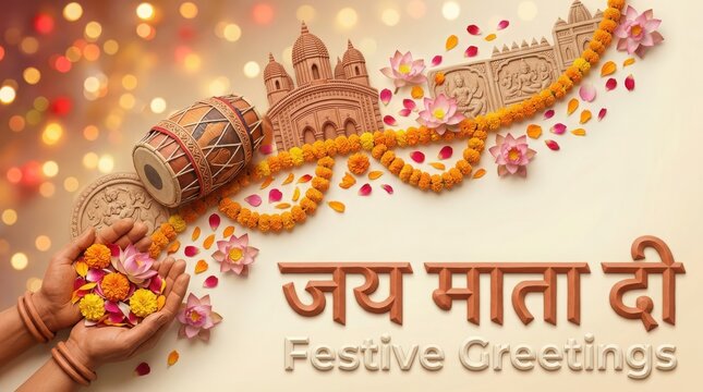 Durga puja festival greetings background with marigold flowers lotus and temple art illustration for indian celebration.