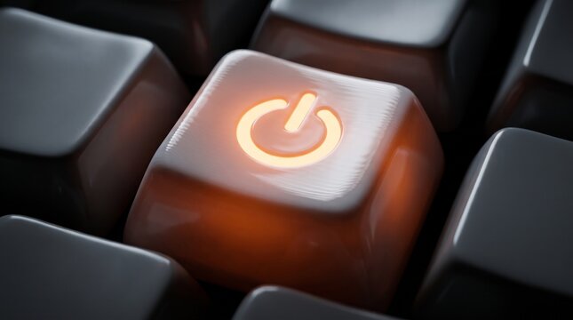 Glowing power button on computer keyboard, illuminated start symbol on black mechanical key, technology activation and system startup concept