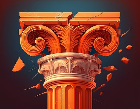 an orange classical column with a fractured shaft and ionic capital