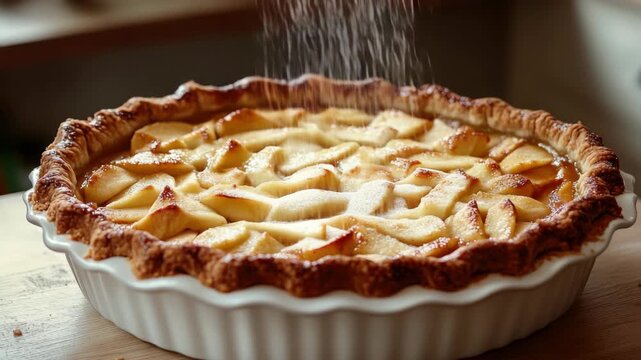 Close-up of powdered sugar falling on a freshly baked apple tart