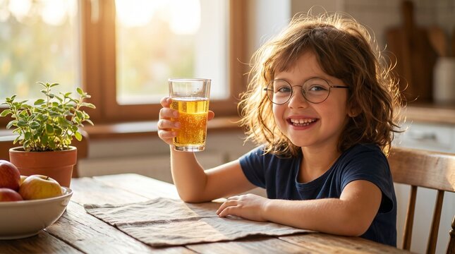 Young girl smiling while holding fresh orange juice at sunny breakfast table indoors