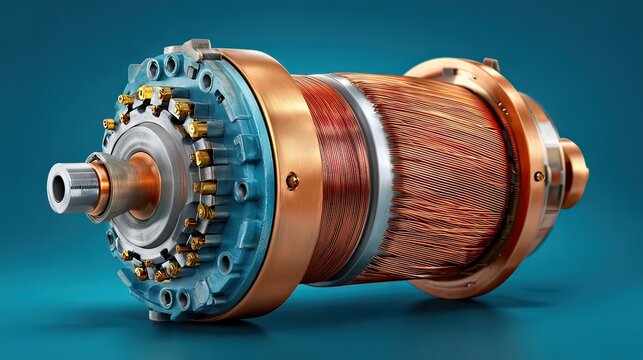 High-Detail Close-Up of Electrical Motor Components with Copper Windings and Precision Engineering on a Blue Background