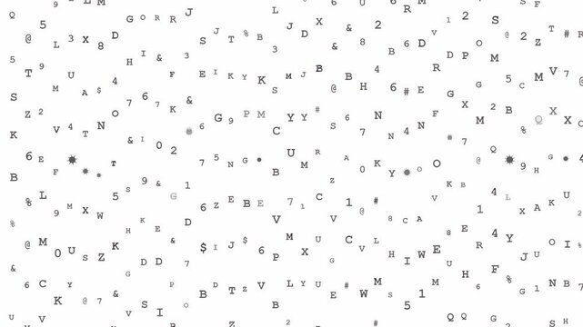 Abstract digital data stream with flickering alphanumeric characters and symbols on white background