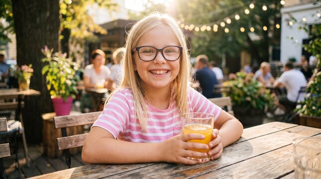 Young woman with glasses enjoying fresh orange juice at outdoor caf&eacute; in golden sunlight