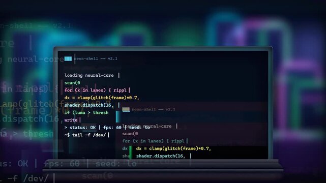 Digital glitch effect on computer screen displaying scrolling programming code in a dark room