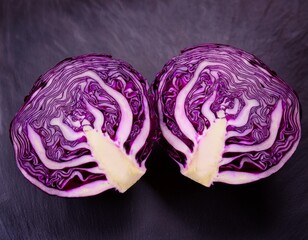 Obraz premium two halves of a vibrant purple cabbage showcase its layered texture