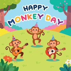 Fototapeta premium Cute Happy Monkey Day celebration illustration featuring three cheerful monkeys wearing colorful party hats, play guitars and dance joyfully in a bright outdoor park, fun and festive cartoon vector