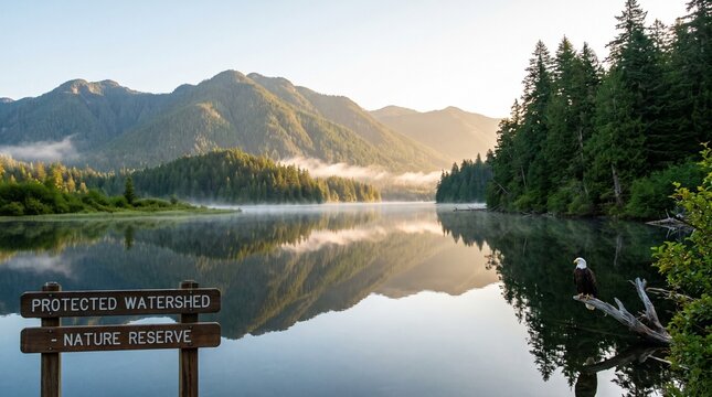 Bald eagle perched on a branch overlooking a serene, misty lake in a protected watershed nature reserve at sunrise