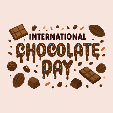 International Chocolate Day banner design featuring text  with bround color and multicolor meses, chocolate bar illustration element around text